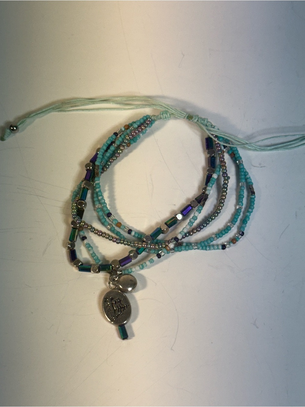 Turquoise Multi-Strand Beaded Wrap Bracelet with Silver Charm “Take A Hike”